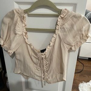 FASHION INFLUX CREAM LACE UP PUFF SLEEVE TOP